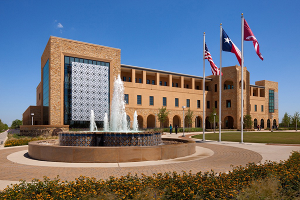 Madla Building facing the fountain and flag poles