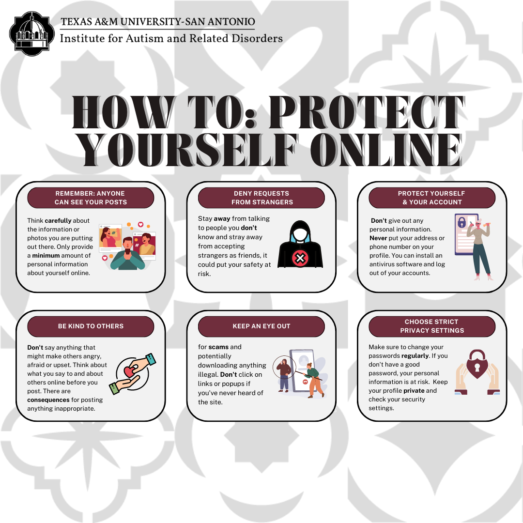 HOW TO: PROTECT YOURSELF ONLINE -  REMEMBER: ANYONE CAN SEE YOUR POSTS - Think carefully about the information or photos you are putting out there. Only provide a minimum amount of personal information about yourself online.   DENY REQUESTS FROM STRANGERS - Stay away from talking to people you don't know and stray away from accepting strangers as friends, it could put your safety at risk.  PROTECT YOURSELF & YOUR ACCOUNT - Don't give out any personal information. Never put your address or phone number on your profile. You can install an antivirus software and log out of your accounts.   BE KIND TO OTHERS - Don't say anything that might make others angry, afraid or upset. Think about what you say to and about others online before you post. There are consequences for posting anything inappropriate.   KEEP AN EYE OUT for scams and potentially downloading anything illegal. Don't click on links or popups if you've never heard of the site.    CHOOSE STRICT PRIVACY SETTINGS - Make sure to change your passwords regularly. If you don't have a good password, your personal information is at risk. Keep your profile private and check your security settings.