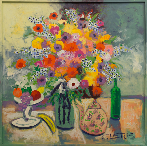 Tablescape with Spring Bouquet, Fruit and Green Bottle