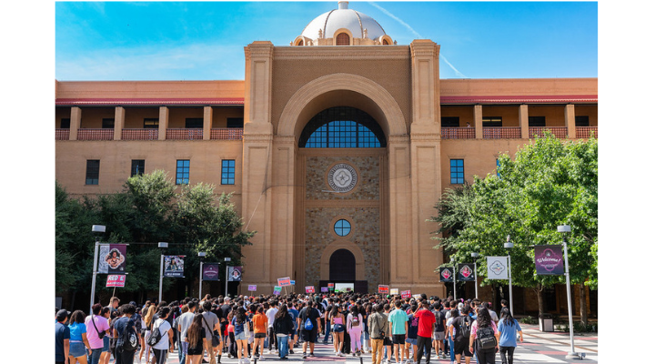 Jag X student crowd walking through the Central Academic Building Doors. 