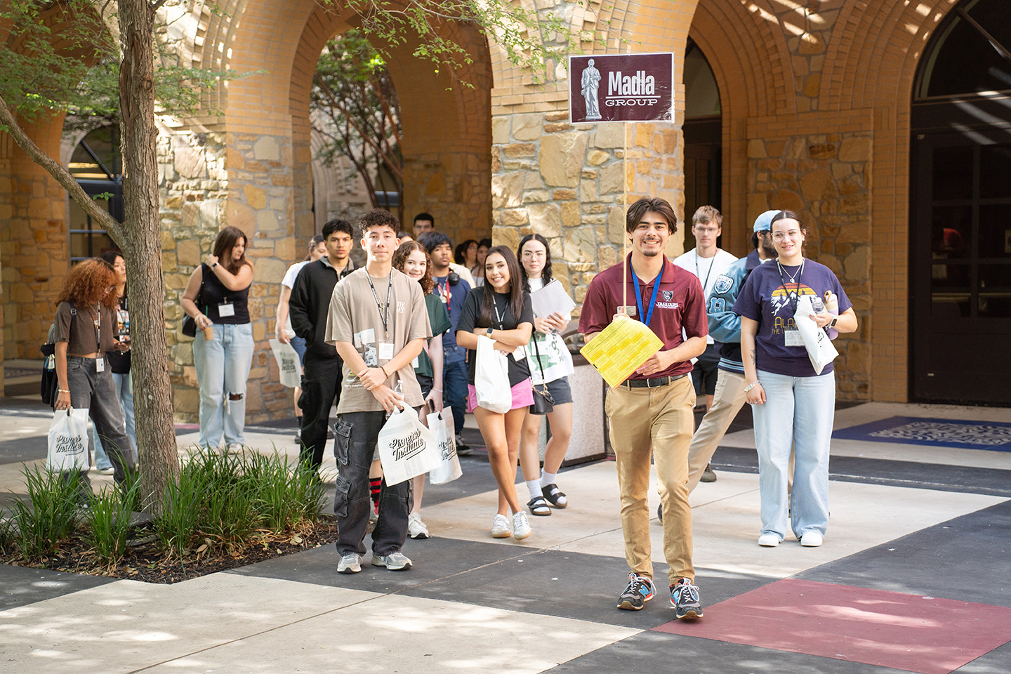 Orientation leader walking with students